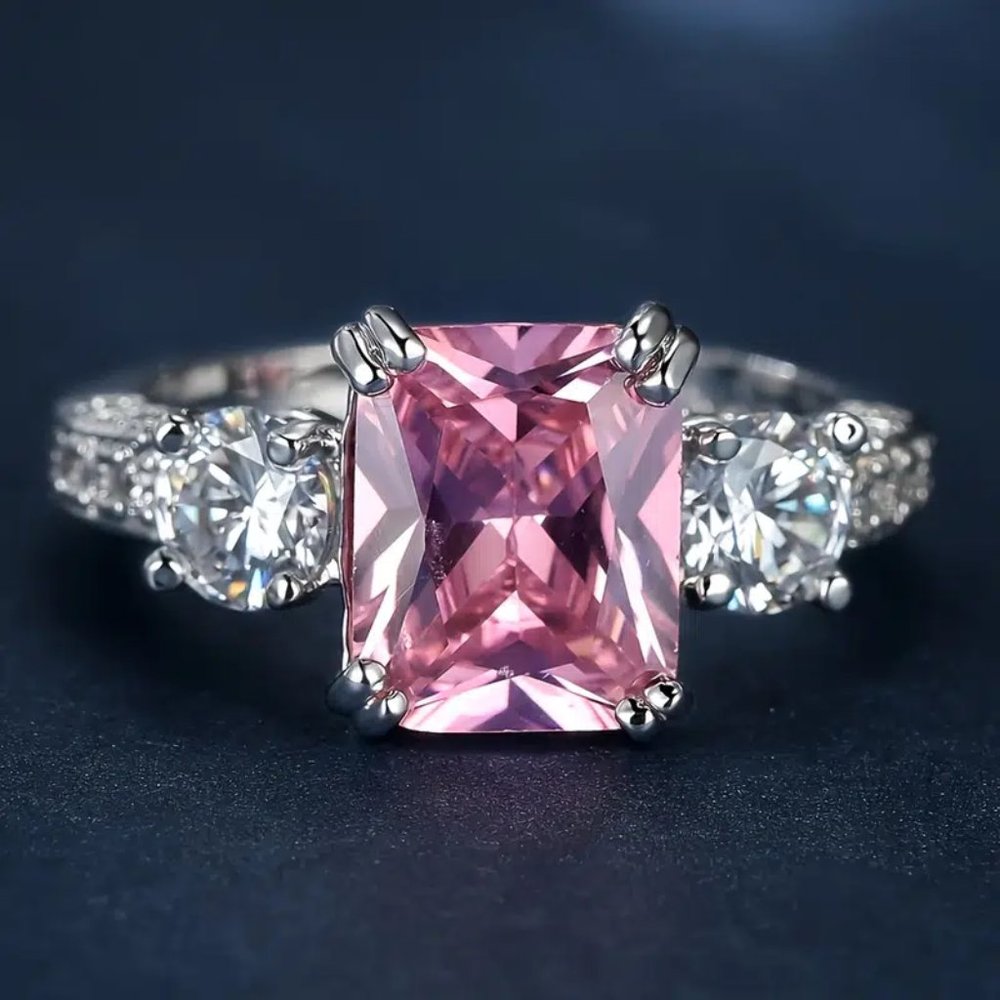 Luxury Big Crystal Pink 18K White Gold Silver Cubic Zircon Love Engagement Ring